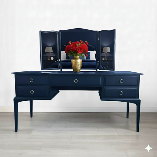 dark blue dressing table Stag Dressing Table With Stool and Triple Folded Mirror, Navy Furniture, Vintage Vanity