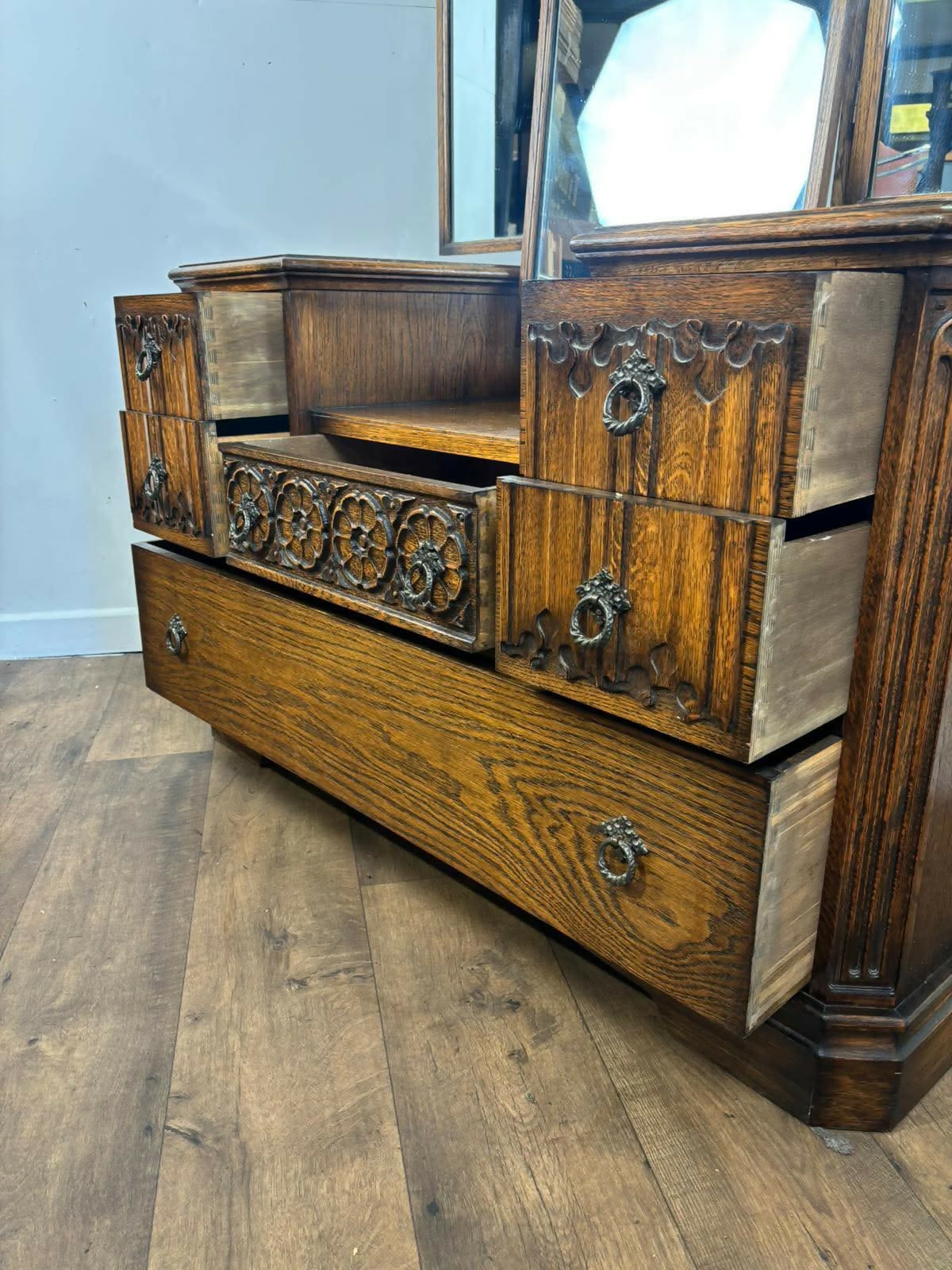 Vintage Oak Dressing Table With Triptych Mirror