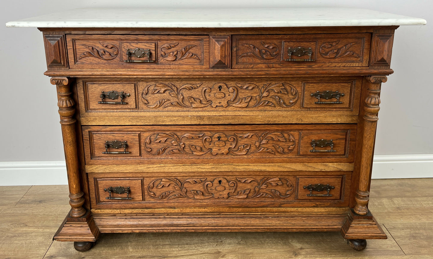 Chest of Drawers Antique French Style Oak Marble Top Carved Cabinet LOT 6450