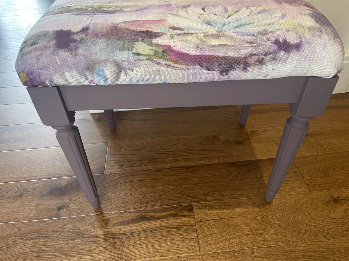 Vanity stool. Aubergine paint and matching fabric Height46cm, depth 40 cm length 50 cm