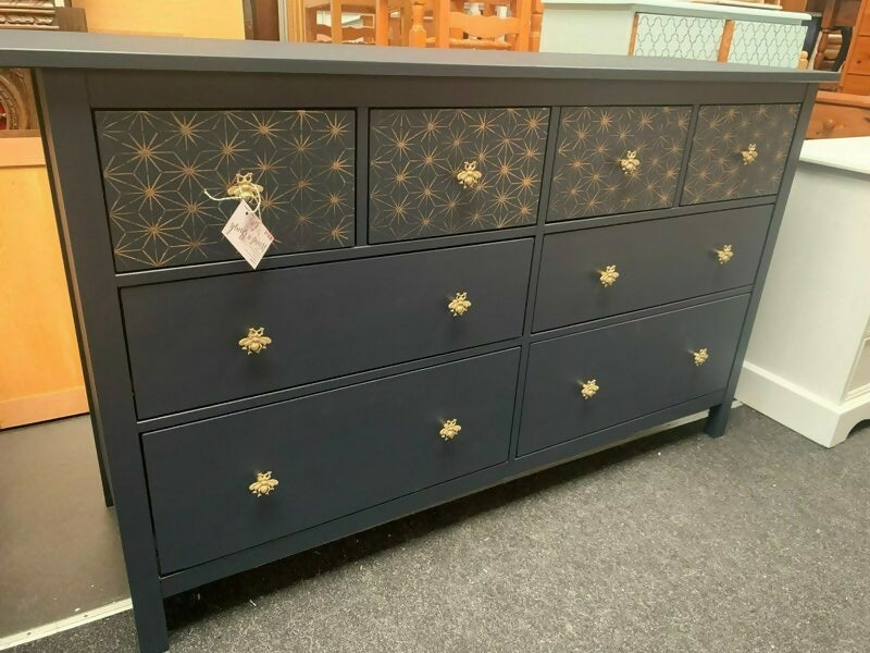 Large Painted Navy Chest Of Drawers With Gold Morrocan Stencil And Gold Bees