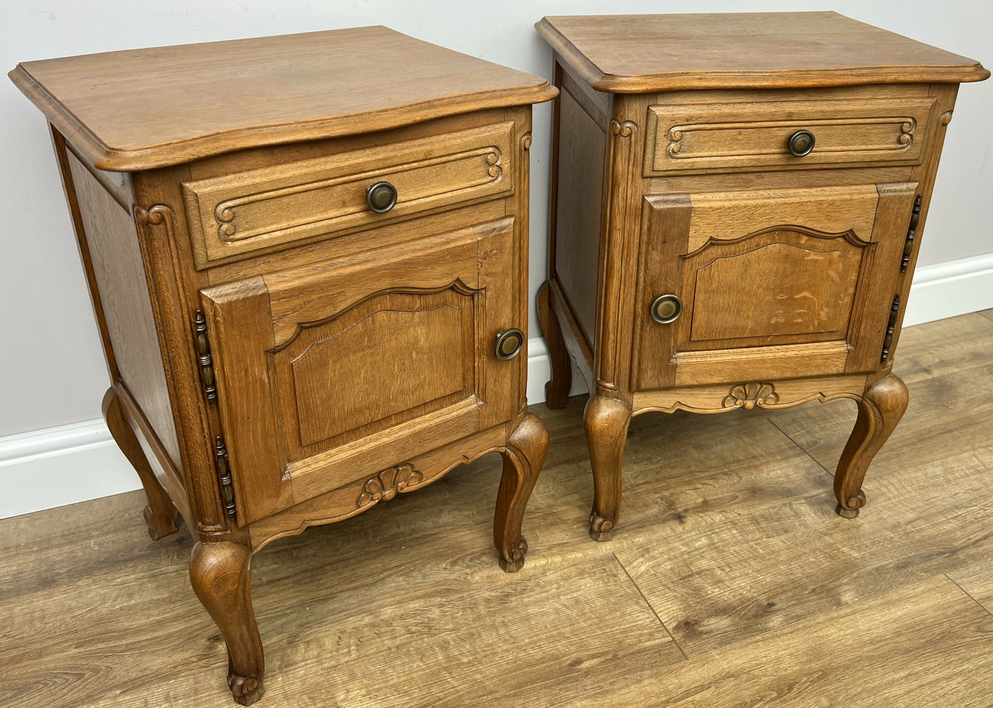 Pair of Bedside Tables Vintage French Louis Oak Nightstands Cabinets LOT 6296