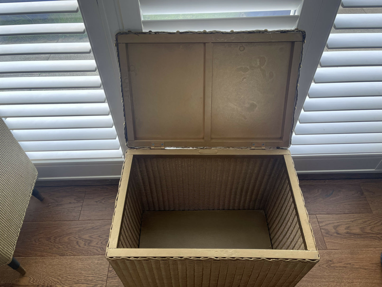 Gold painted small upcycled Lloyd loom vintage ottoman/ seat/storage