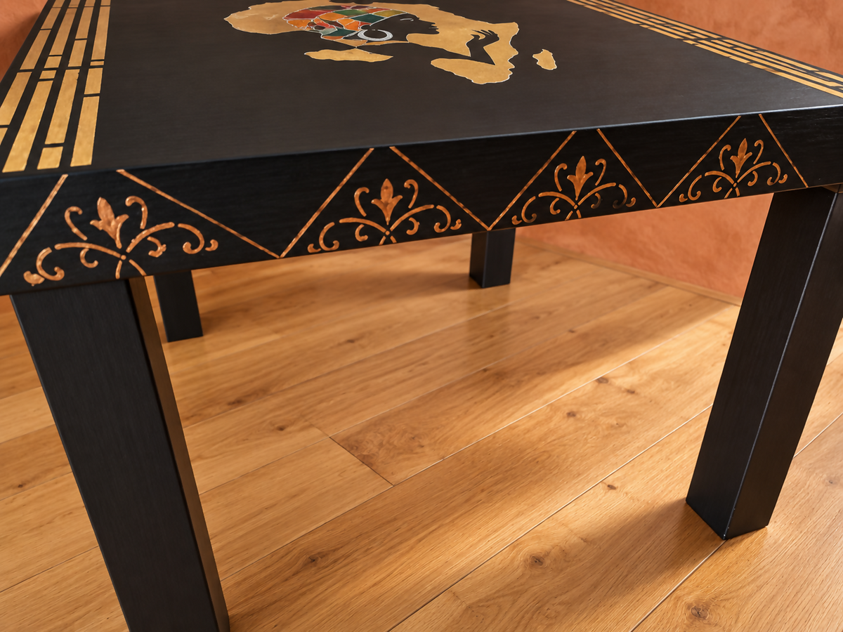 THE AFRICAN ASPECTS UPCYCLED - ONE-OFF FURNITURE ART Black table with stunning African woman/map feature -Giving furniture a second life with soul