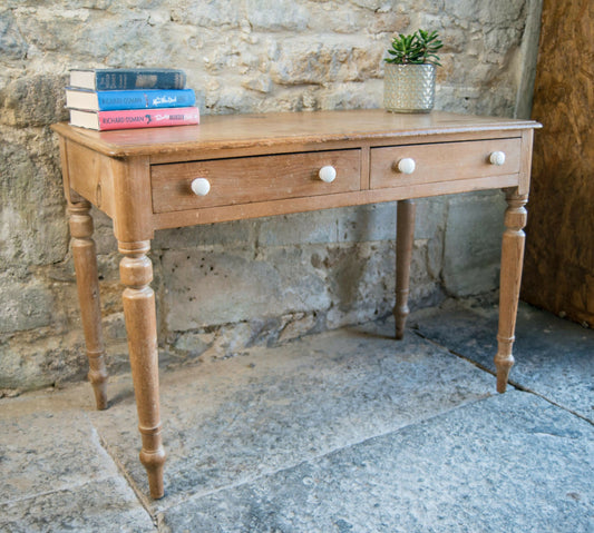 Antique Pine Console Table with Drawers & White Knobs - Farmhouse Style