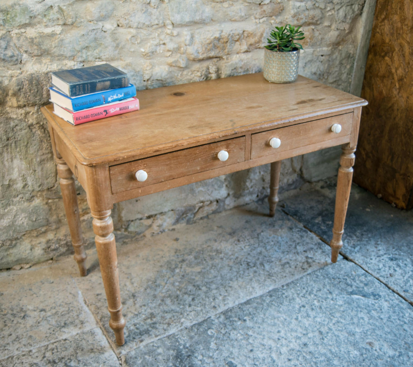 Antique Pine Console Table with Drawers & White Knobs
