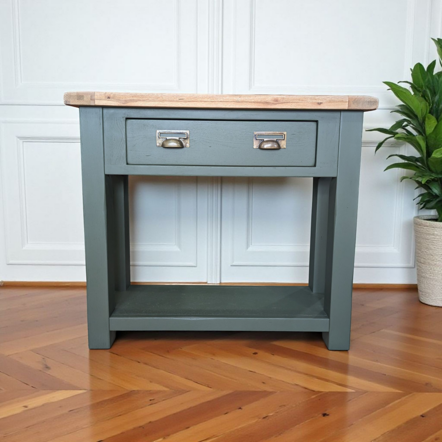 Solid oak green console table rustic hallway table with drawers and shelf