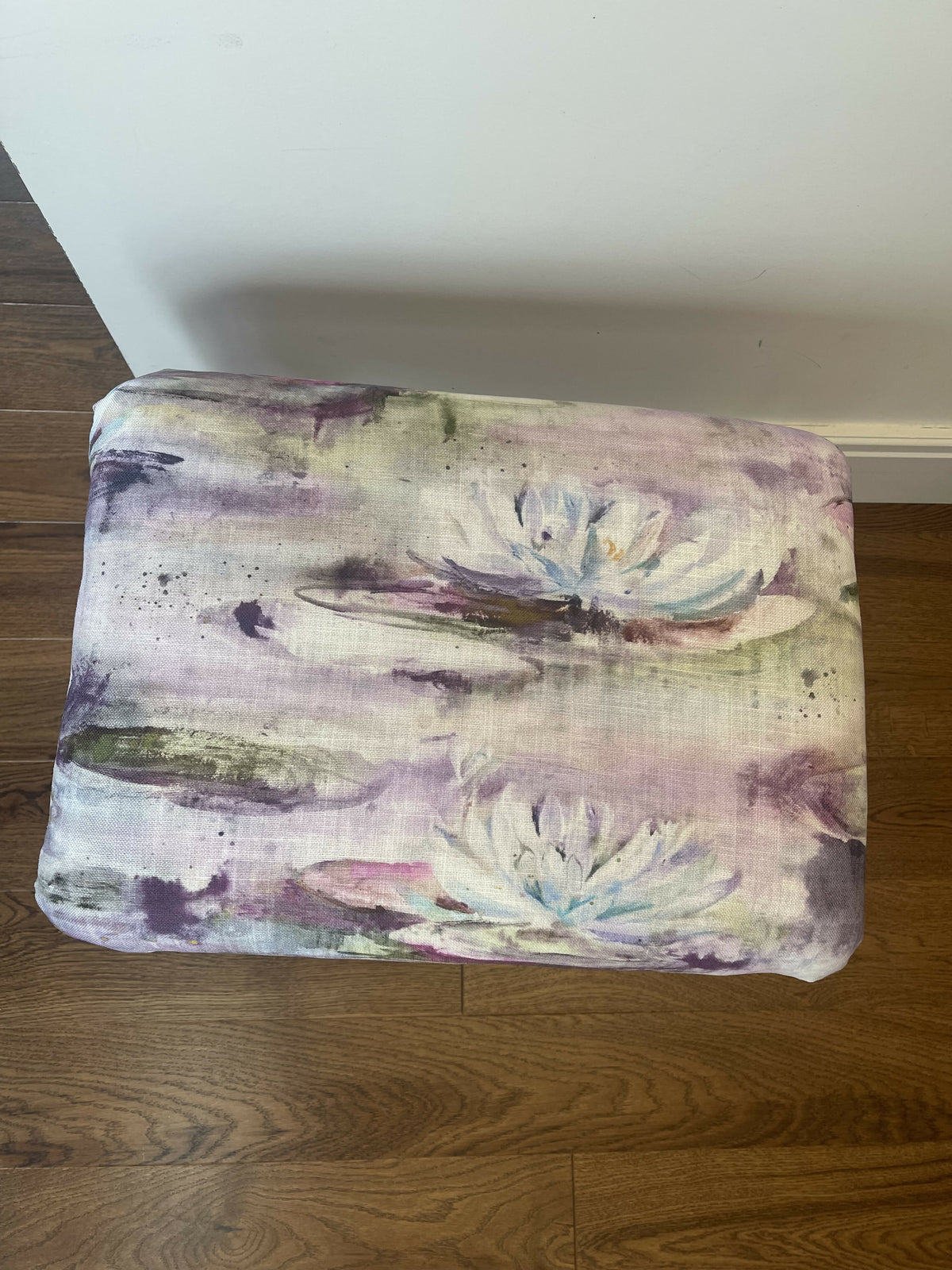 Vanity stool. Aubergine paint and matching fabric Height46cm, depth 40 cm length 50 cm