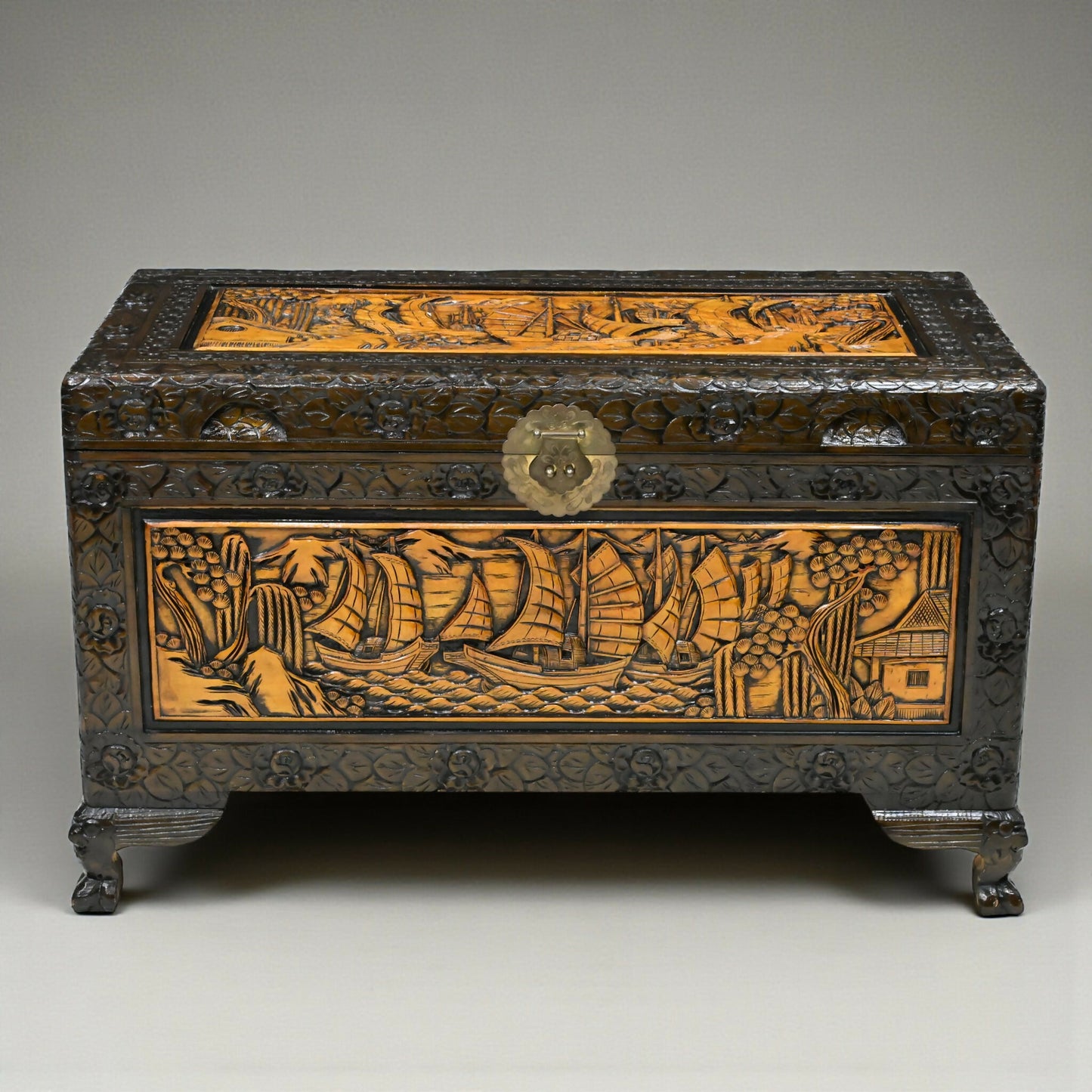 Chinese Carved Chest Trunk Camphor Wood Fine Carvings H60cm x W104cm x D56cm. SBR11127/3110E