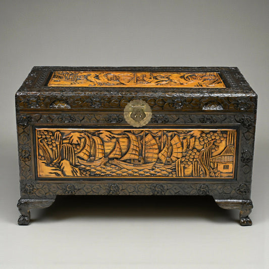 Chinese Carved Chest Trunk Camphor Wood Fine Carvings H60cm x W104cm x D56cm. SBR11127/3110E