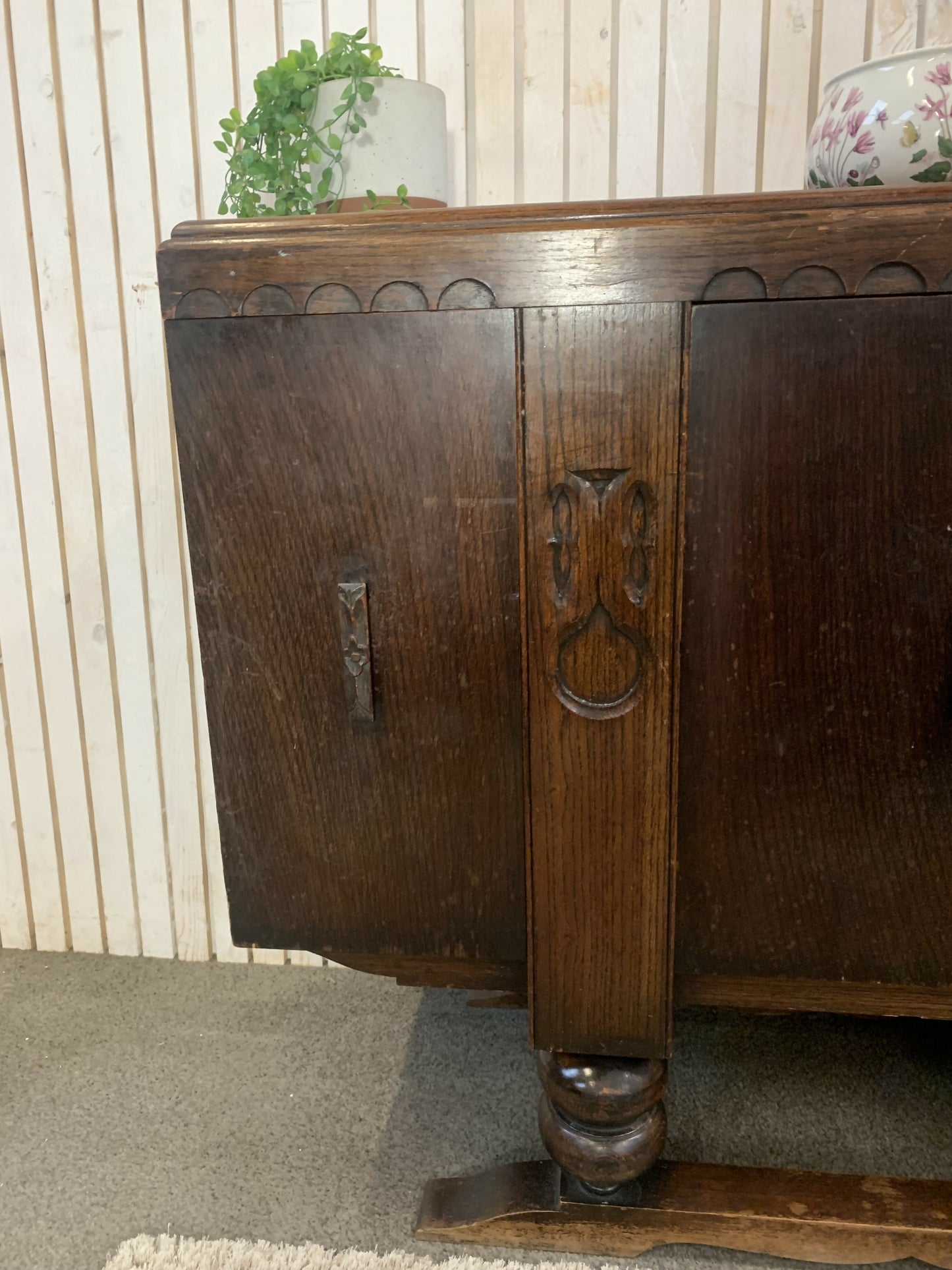Vintage Art Deco Carved Wood Cabinet Sideboard 3 Doors 2 Drawers