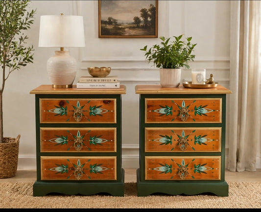Pair of matching bedside drawers cabinets green gold