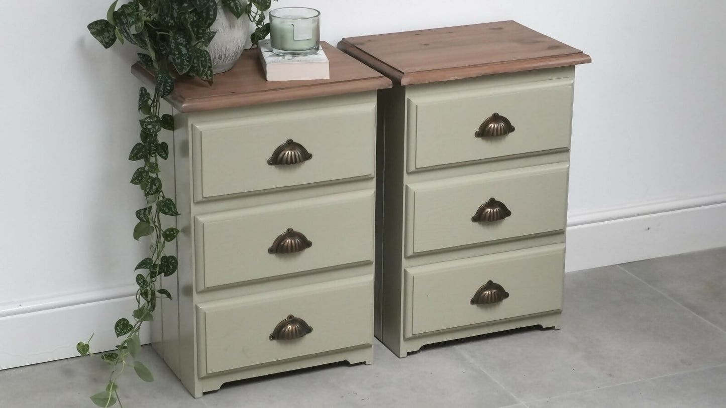 Pair of Vintage Wooden 3 Drawers Bedside Tables, in Sage Green