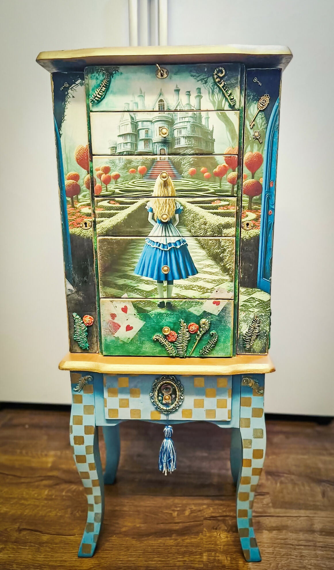 Hand painted and Decoupaged Alice in Wonderland Jewellery Armoire, whimsical vintage jewellery cabinet