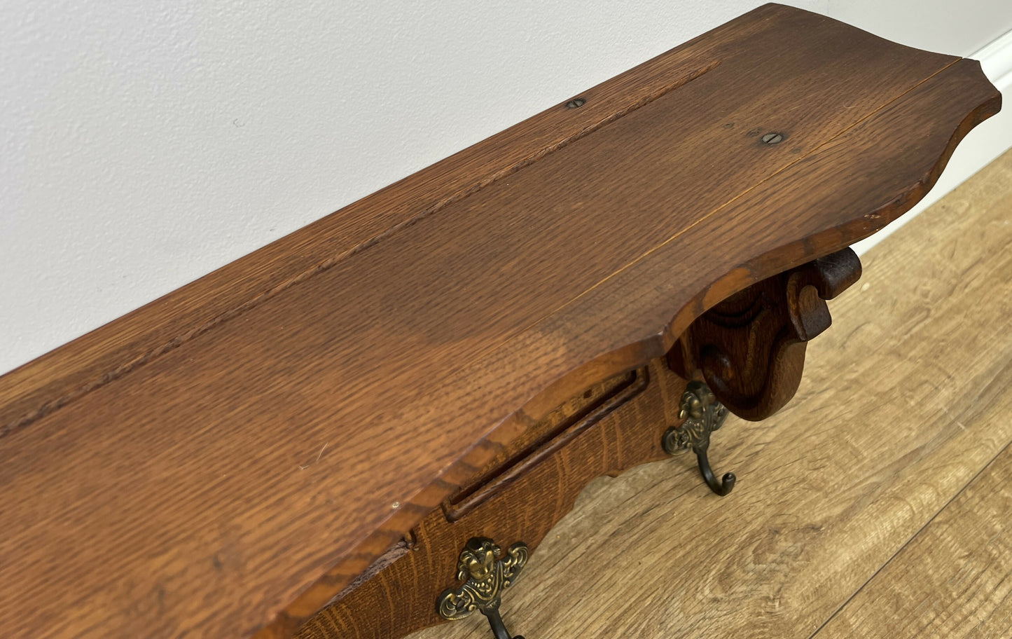 Coat Rack Vintage French Oak Wall Mounted 5 Hooks Carved Rack Hanger LOT 6303