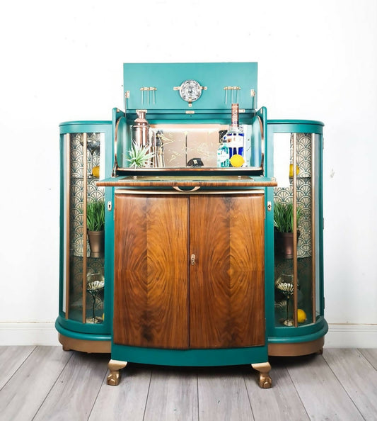 Large Art deco drinks cabinet, teal, cocktail cabinet, gin bar, vintage, retro, gin cabinet,statement,display cabinet