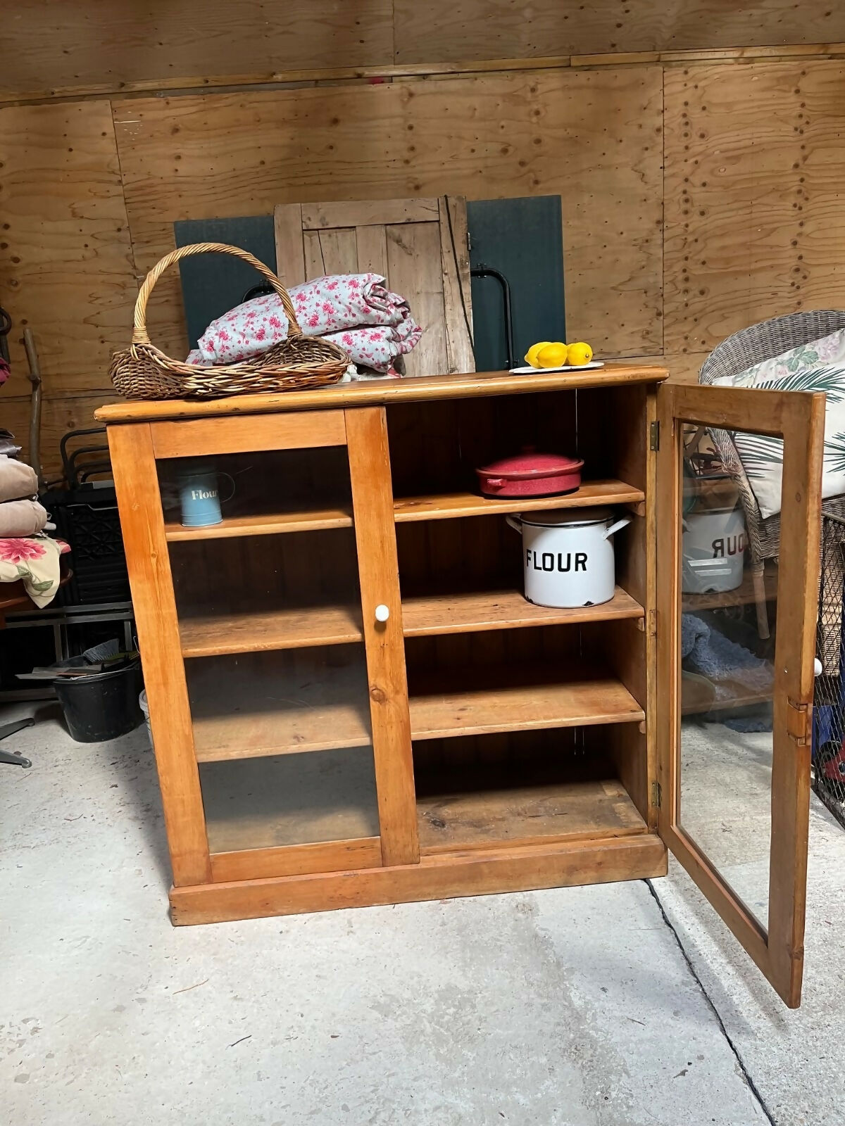 Vintage Glazed Pine Cupboard, Dresser Top, Display Cabinet