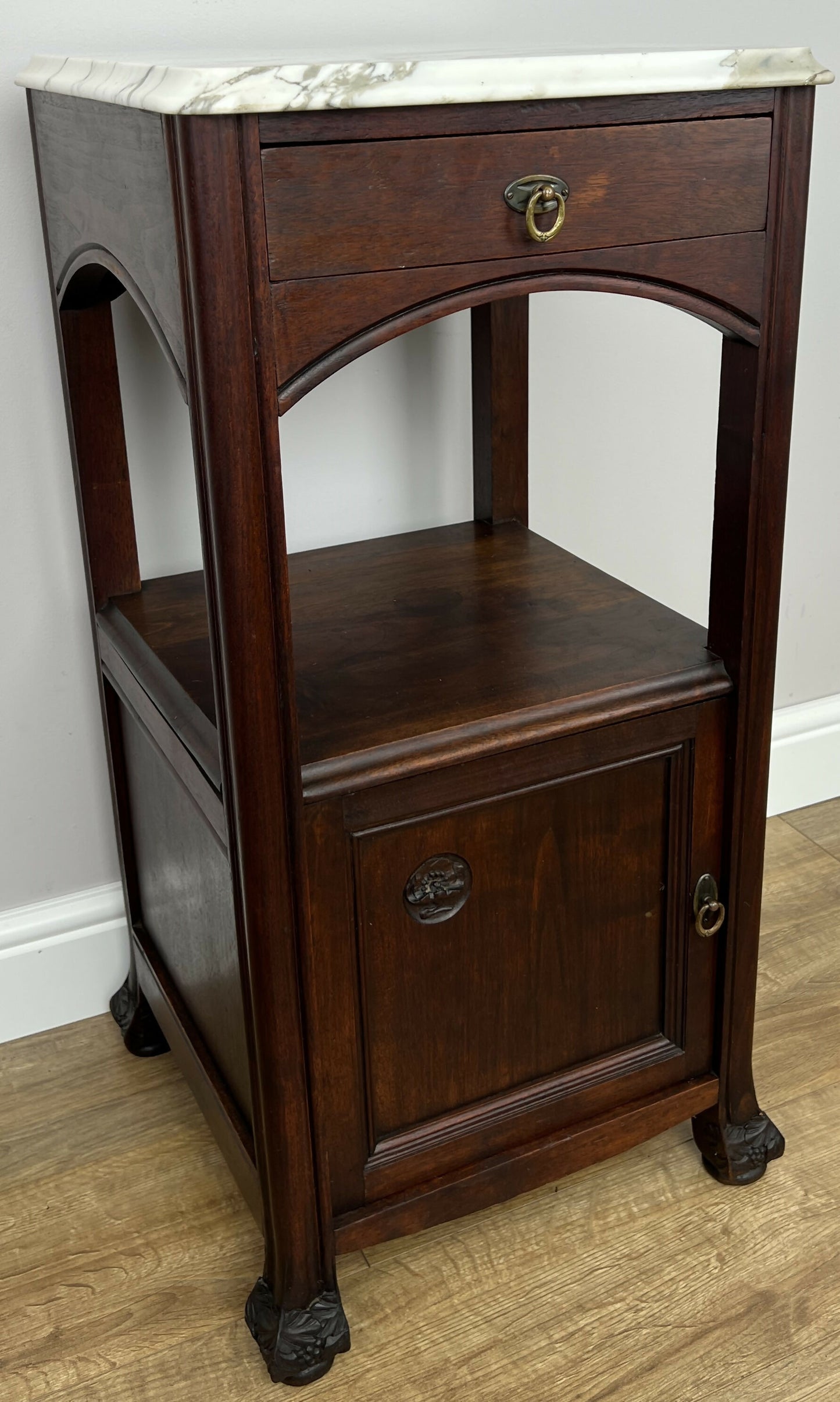 Bedside Table Antique French Style Marble Top Walnut Cabinet Nightstand LOT 6239