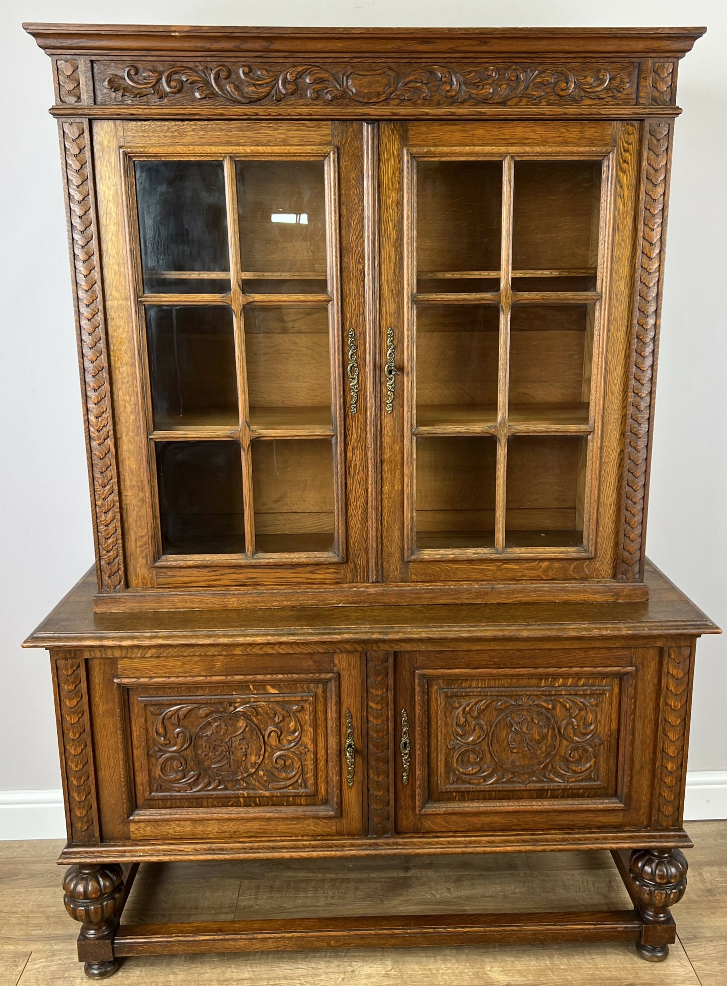Bookcase Vintage French Oak Glazed Display Cabinet Carved Sideboard LOT 6257
