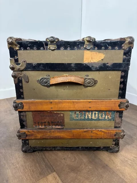 Victorian Oak Bound Travellers Trunk – Steamer Trunk with Original Travel Labels