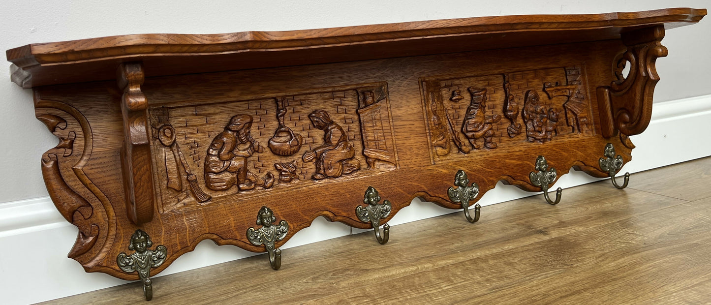 Coat Rack Vintage French Carved Oak Wall Mounted 6 Hooks Rack Hanger LOT 6205