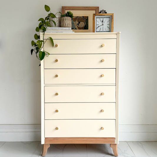 Classic Mid Century Lebus Tallboy in Cream and Wood Tones.