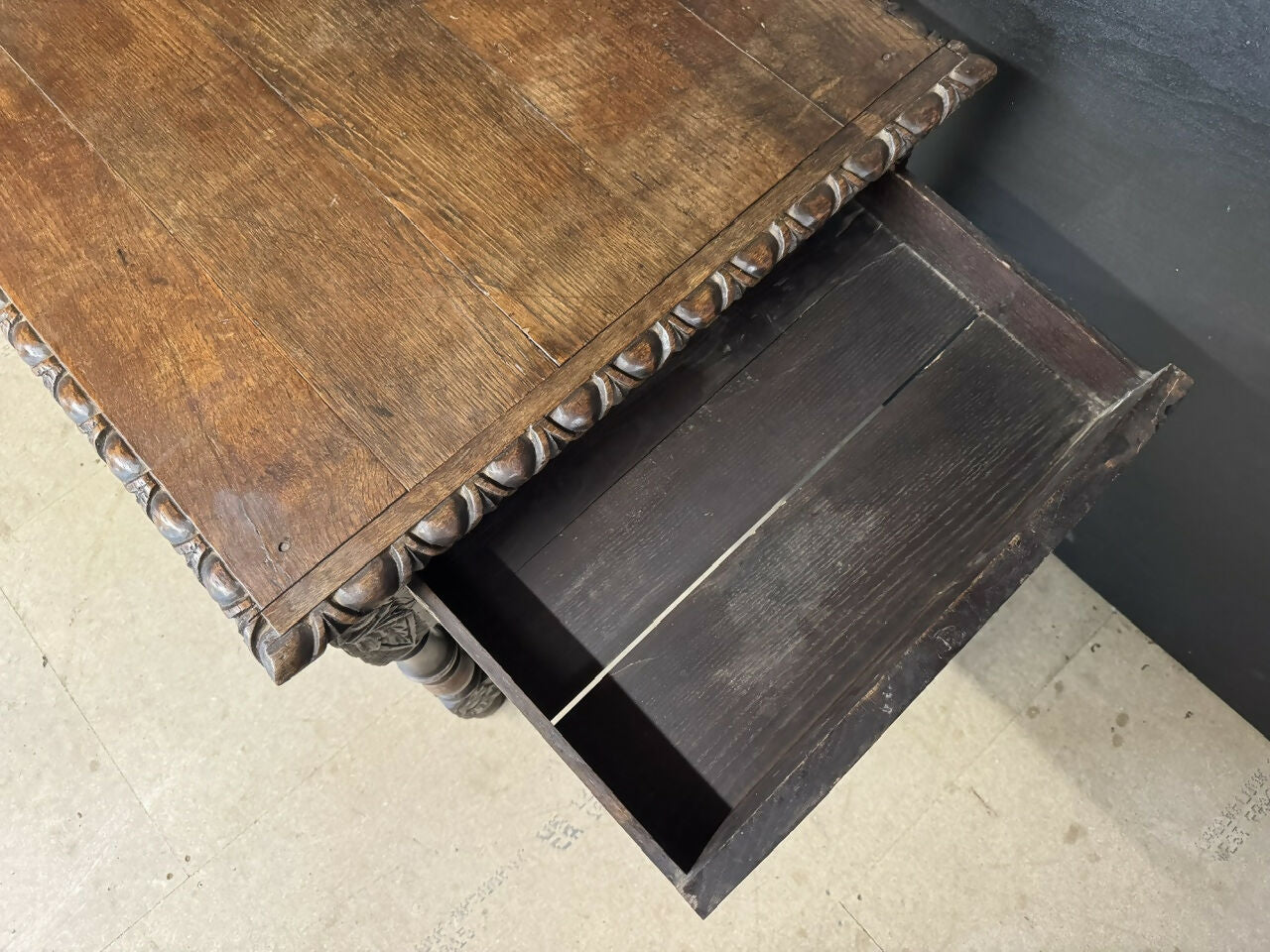 19th Century Carved Oak Table having drawers