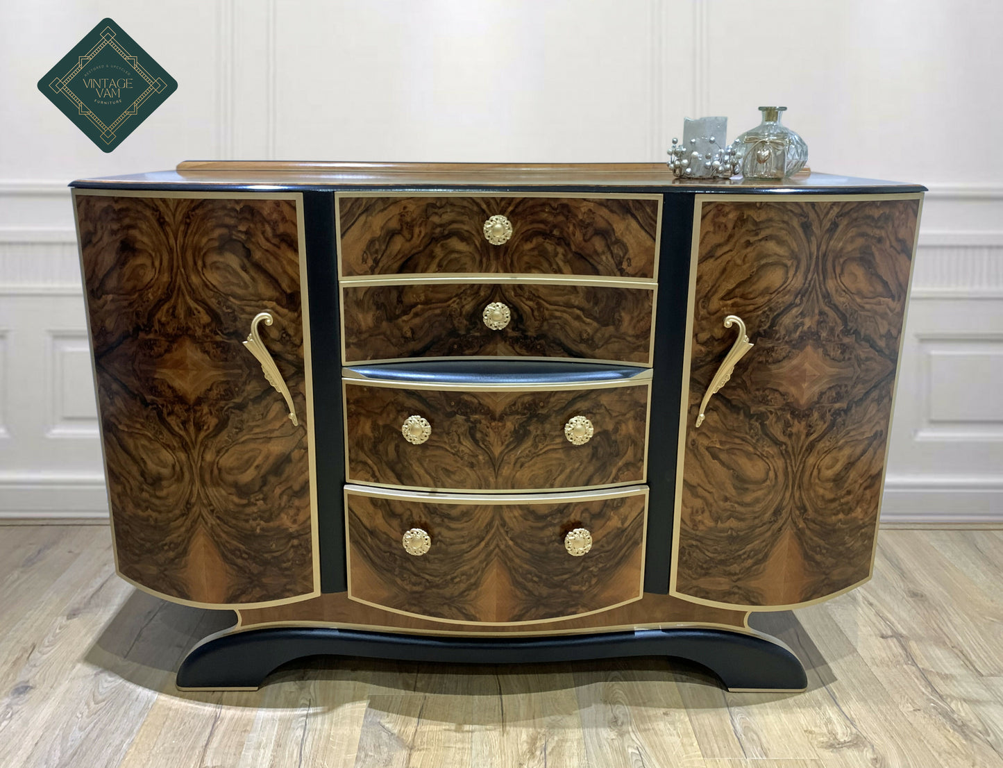 Large Art Deco Walnut and Gold Sideboard / Drinks Cabinet