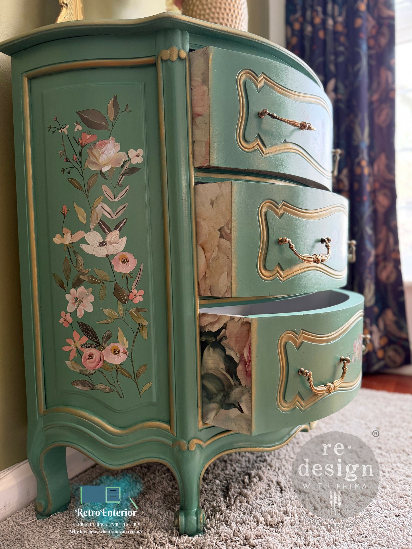 Vintage French Style Green Chest of Drawers | Floral Upcycled Dresser