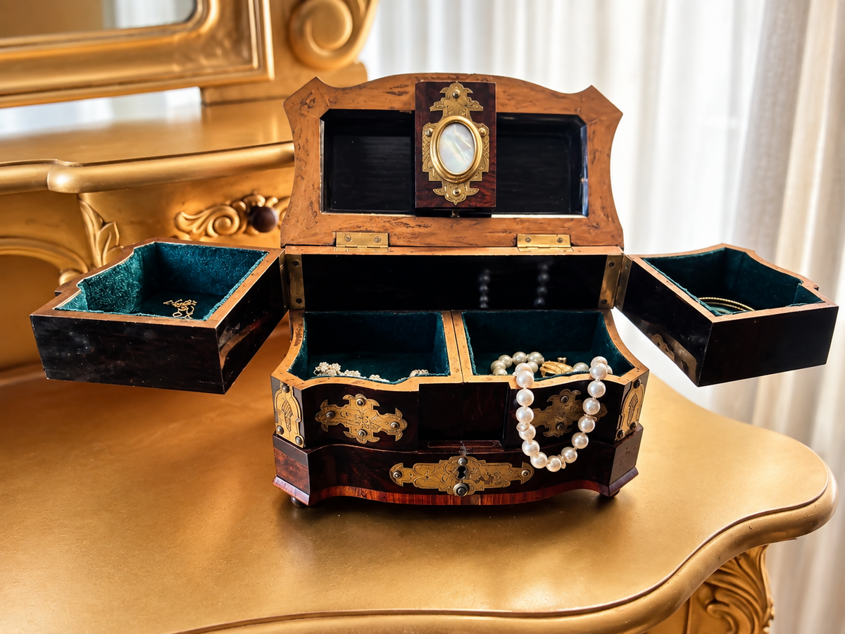 Antique Bombe Jewellery Trinket Box With Mother Of Pearl & Brass Mounts