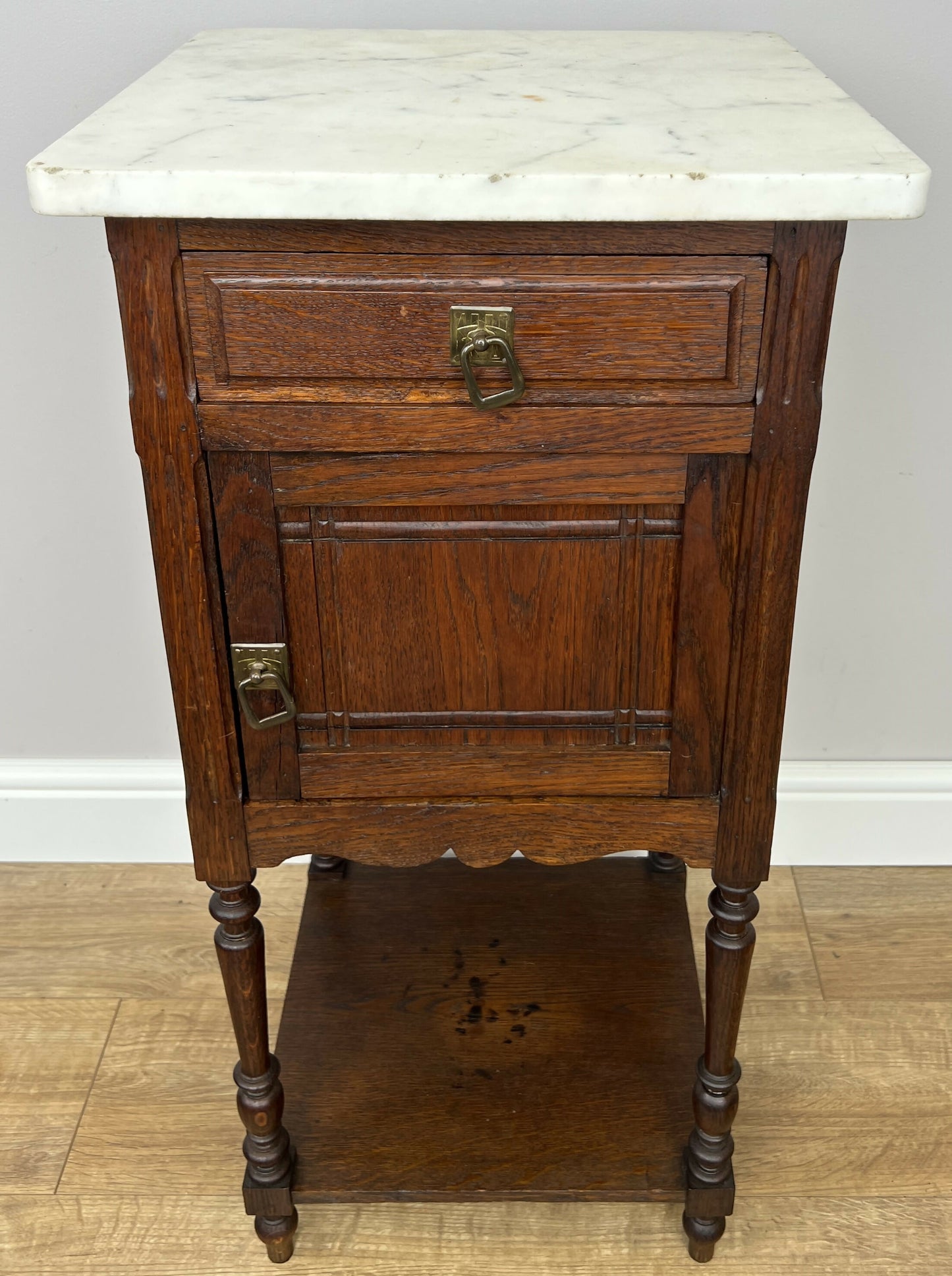 Bedside Table Antique French Style Marble Top Oak Cabinet Nightstand LOT 6246