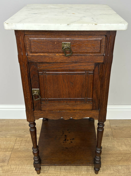 Bedside Table Antique French Style Marble Top Oak Cabinet Nightstand LOT 6246
