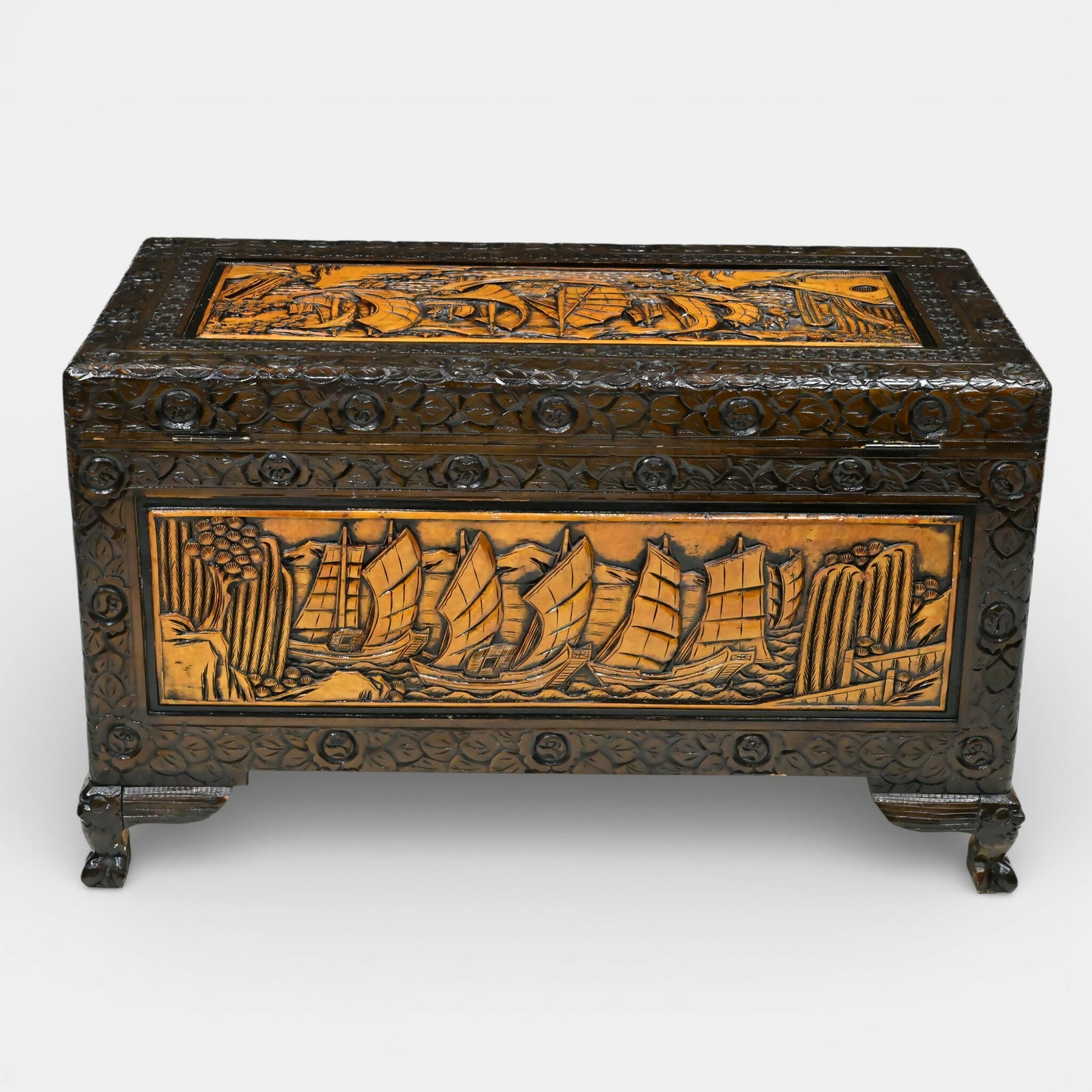 Chinese Carved Chest Trunk Camphor Wood Fine Carvings H60cm x W104cm x D56cm. SBR11127/3110E