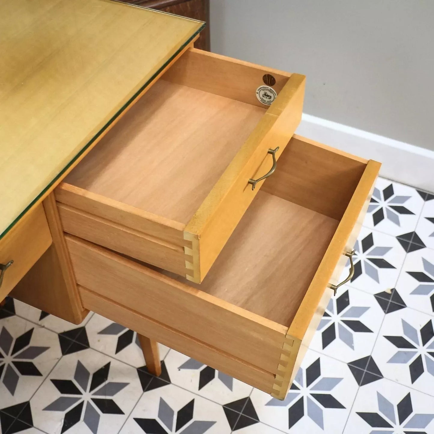 Alfred Cox Dressing Table in Walnut for Heals with Triple Mirror and Glass Top.