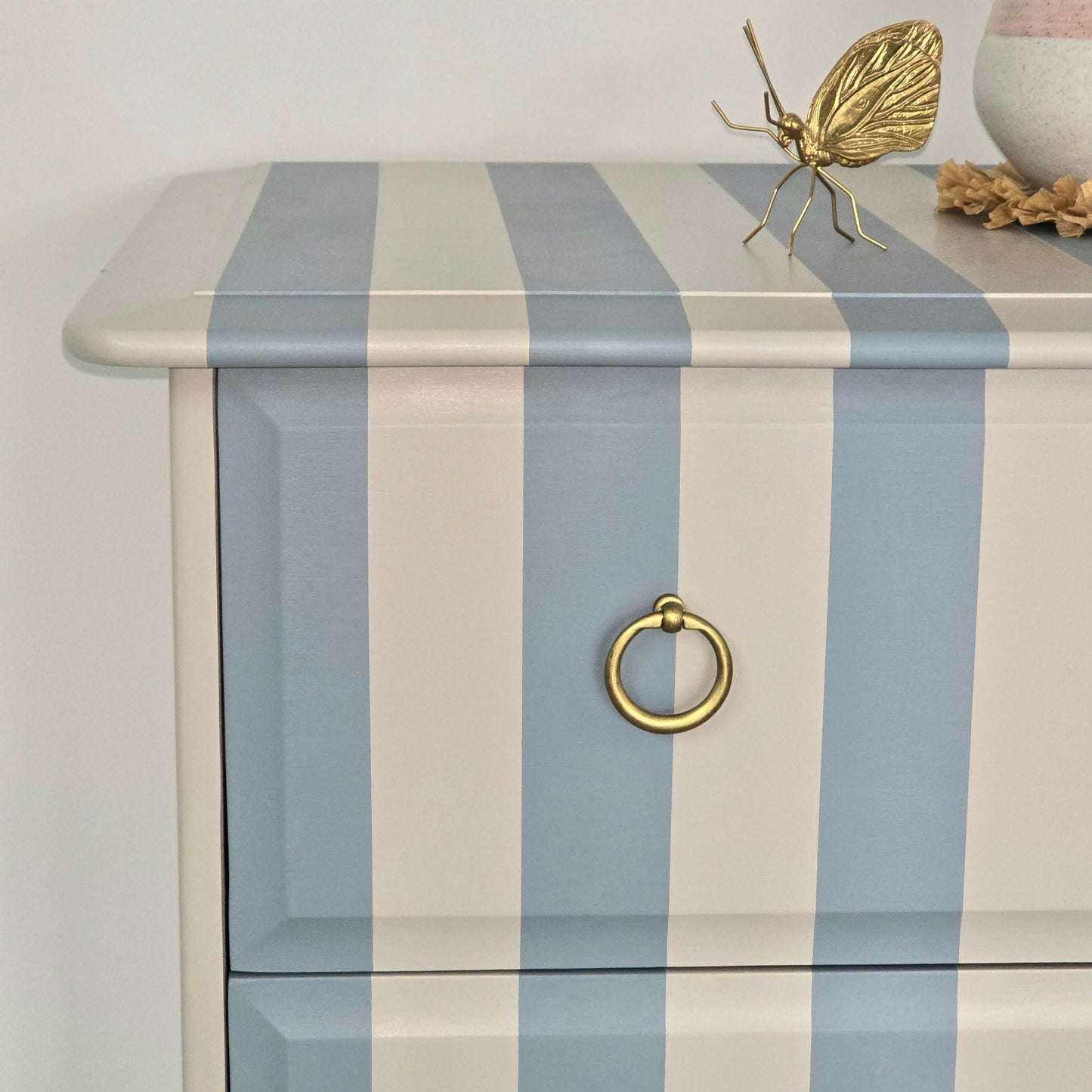 Vintage Hand-painted Stag Minstrel Tallboy, Chest of Drawer Blue & Cream Striped