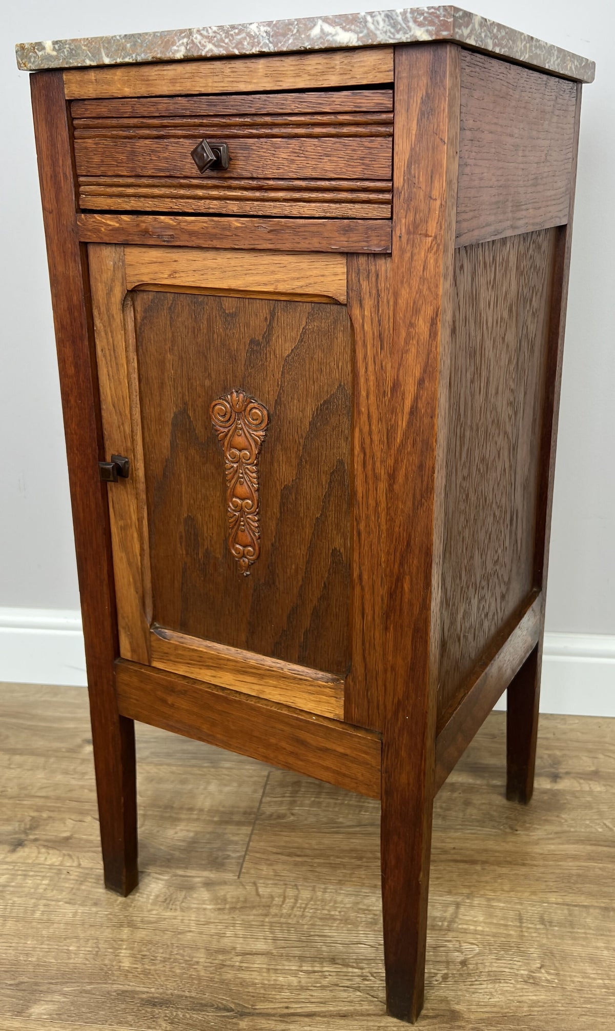 Bedside Table Antique French Style Oak Carved Marble Top Cabinet LOT 6602