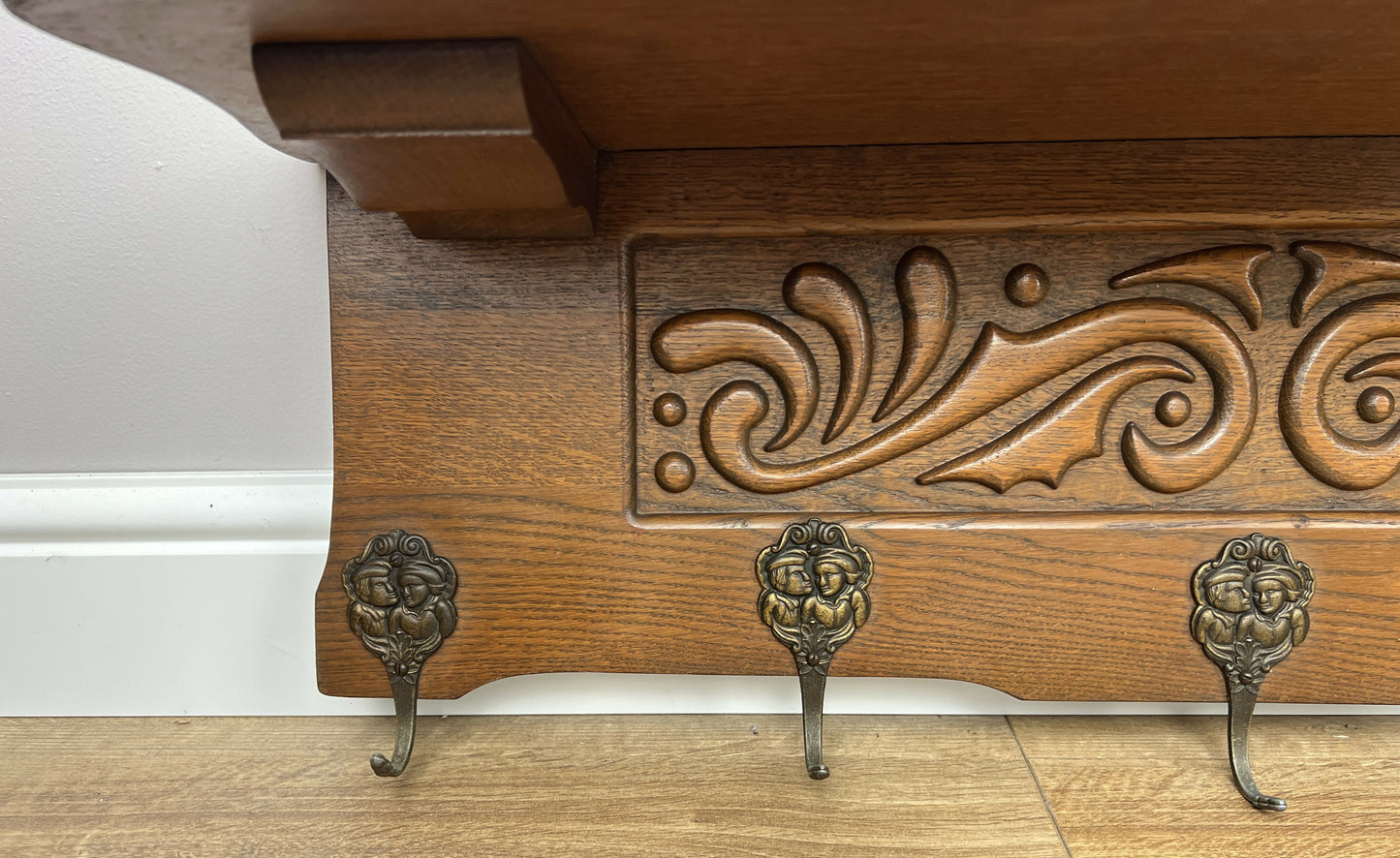 Coat Rack Vintage French Oak Wall Mounted 5 Hooks Carved Rack Hanger LOT 6302