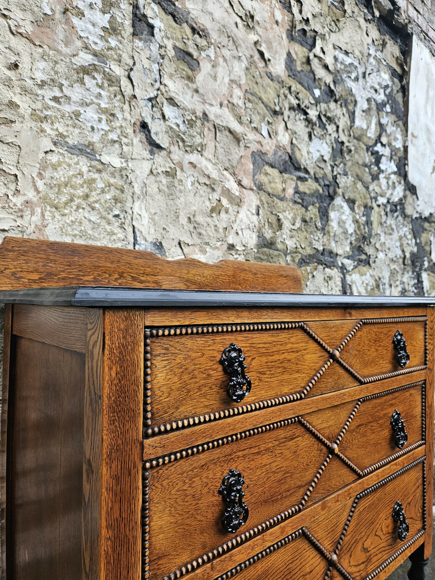Vintage Oak Chest Of Drawers Three Drawer Lovely Detailing Super Proportions Ebonised In Black