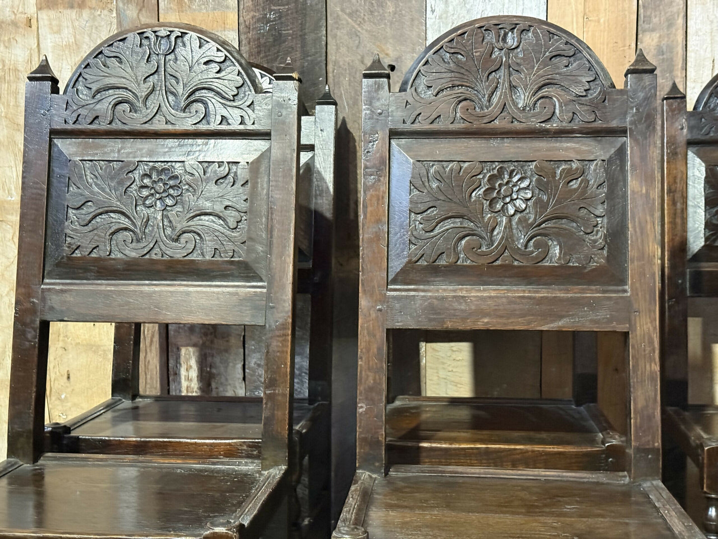 Antique Set Six 6 Oak Cromwellian Revival High Back Carved Edwardian Dining Chairs, c1920