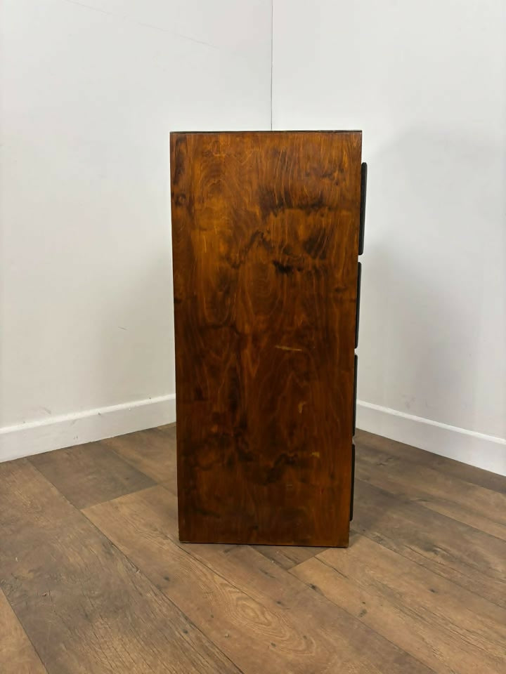 Vintage Dark Oak Veneer Narrow Of Four Drawer Chest