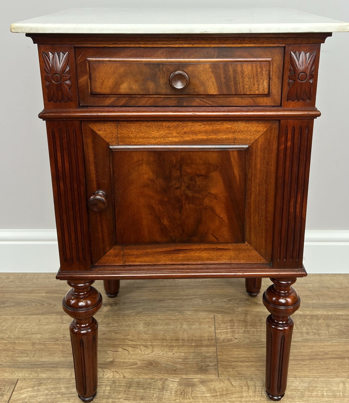 Pair of Bedside Tables Antique Walnut Marble Top Nightstands Cabinets LOT 6223