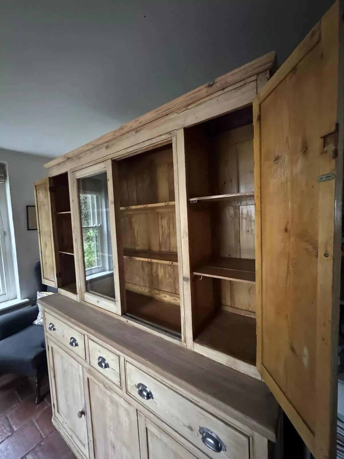 Rustic Antique Victorian Stripped Pitch Pine Cupboard Glazed Dresser Server