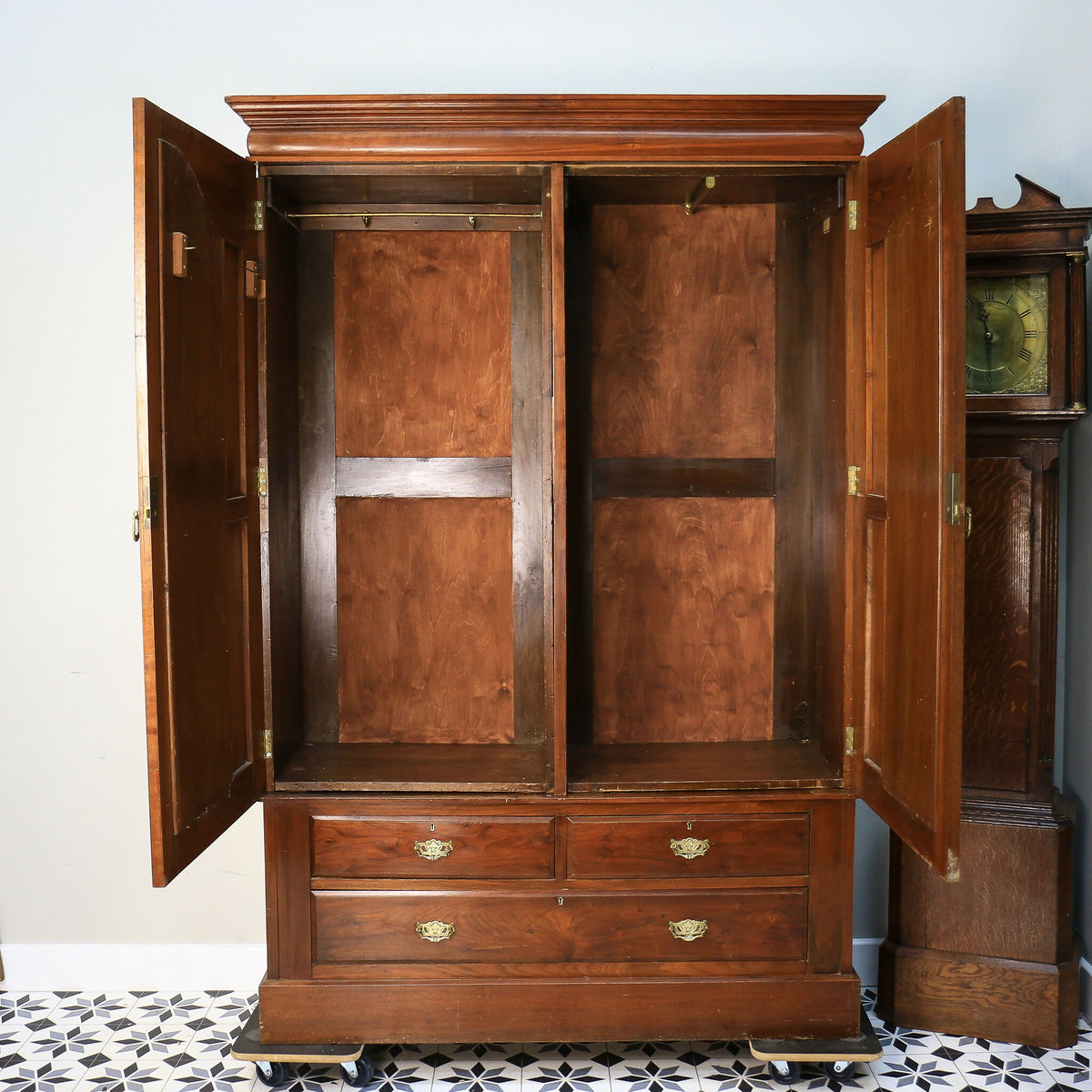 Antique Double Wardrobe Mirrored Doors and Drawers Late Victorian
