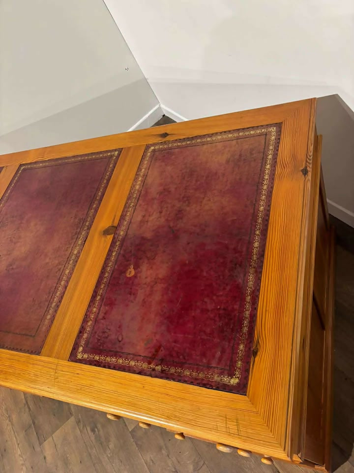 Large Leather Topped Pine Pedestal Desk