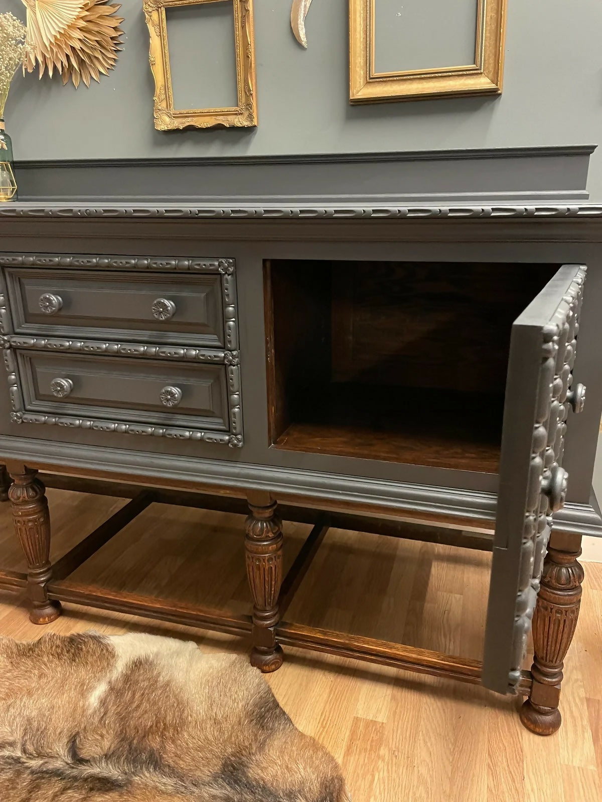 Vintage carved large dark grey & oak sideboard