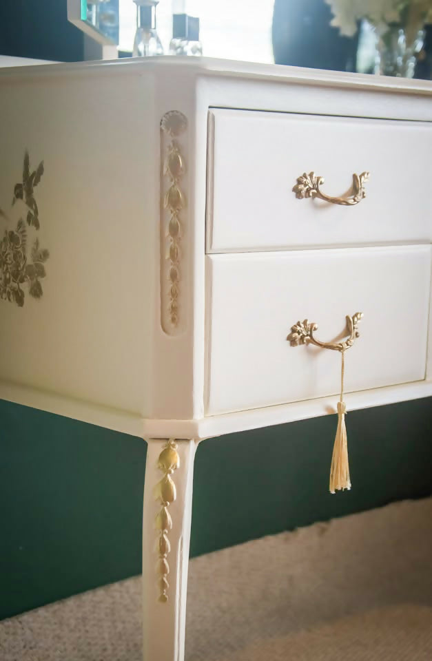 Upcycled French style vintage Cream Dressing Table, vanity with large triple mirror and gold details,