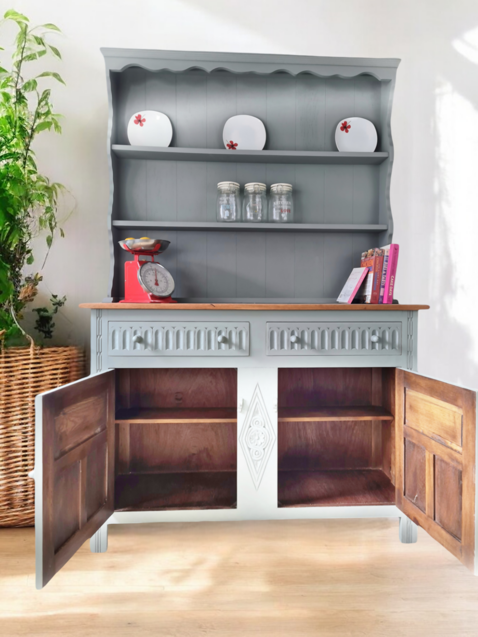 grey and white welsh dresser Vintage Welsh Dresser Painted In Grey Chalk Paint