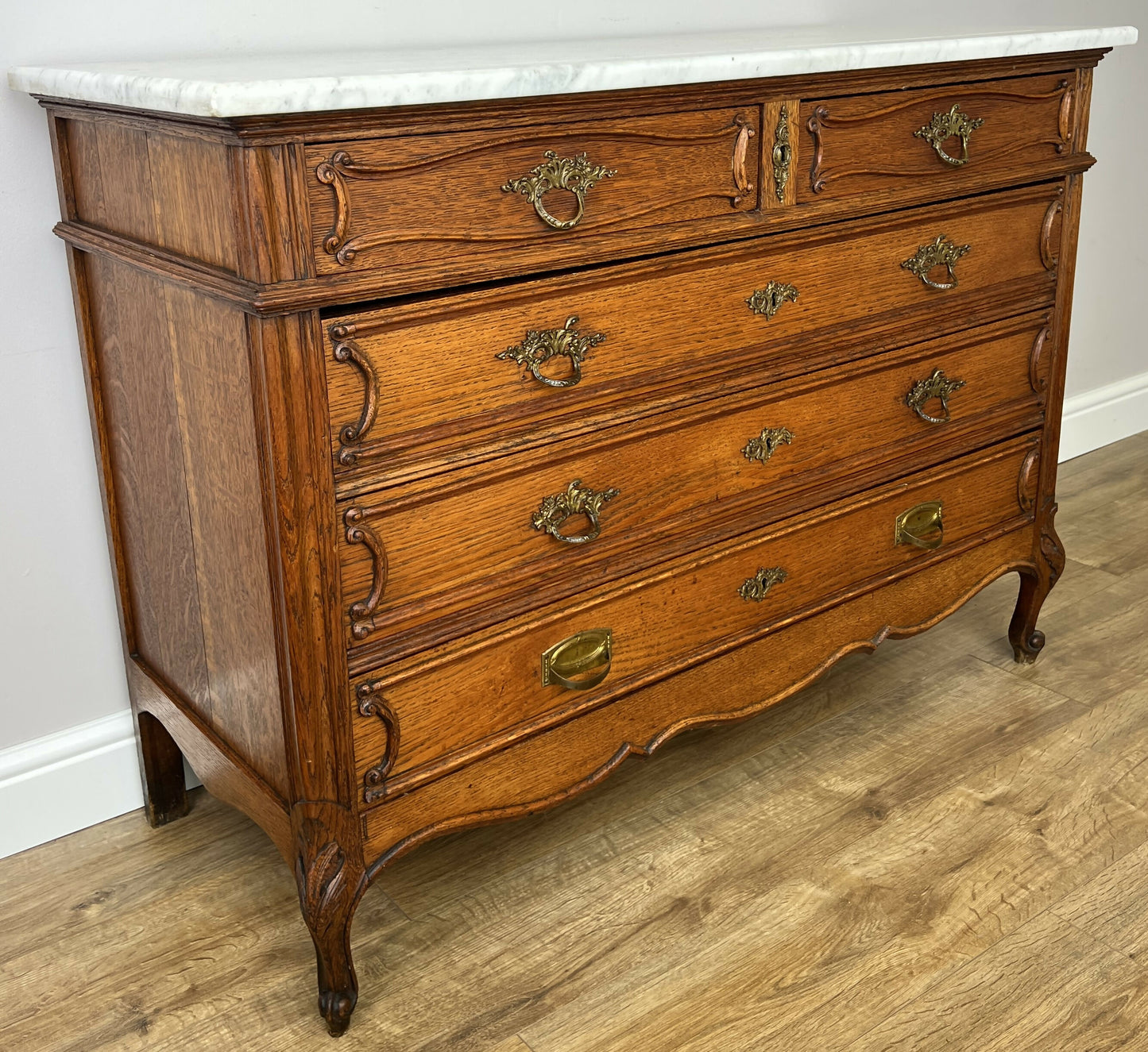 Chest of Drawers Antique French Oak Marble Top 5 Drawers Carved Cabinet LOT 6279