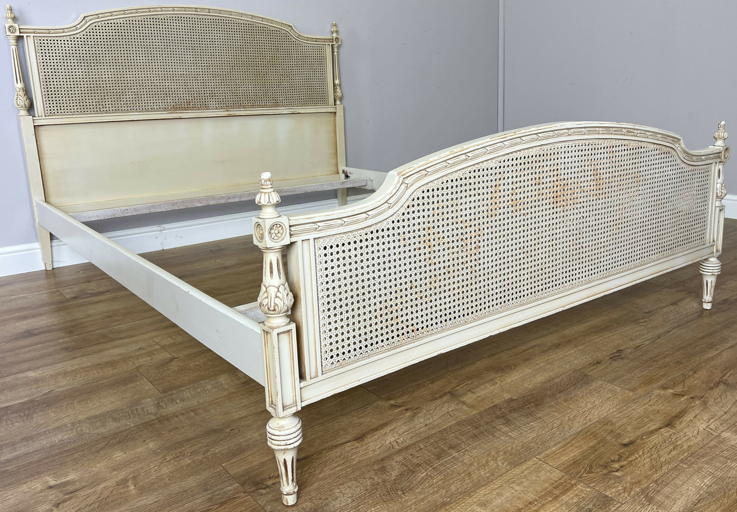 Bed Vintage French King Size Bed Frame Cane Panel Carved Headboard LOT 6410