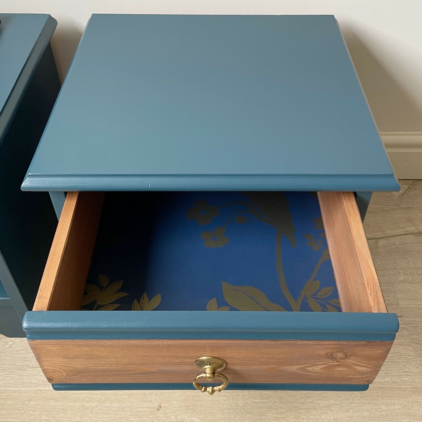 Pair of Navy Blue Vintage Bedside Tables | Mid Century Wooden Nightstands | Professionally Restored Furniture